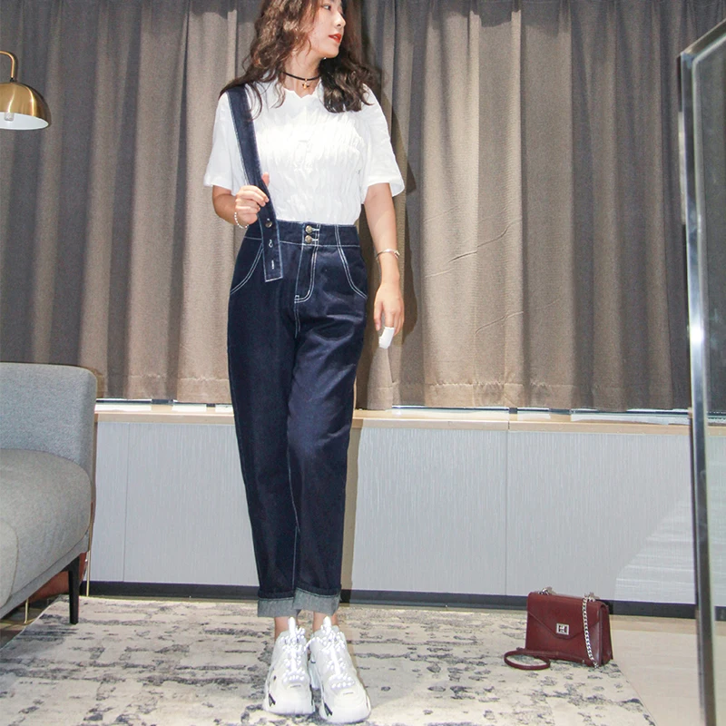 

Spring and Autumn new style detachable one shoulder denim overalls women loose versatile straight leg pants