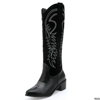 

New Western Women's Cowboy Boots Pointed Toe Winter Warm Cowboy Boots Shoes Women's Knee High Boots Women Cossack Boots Bottas M