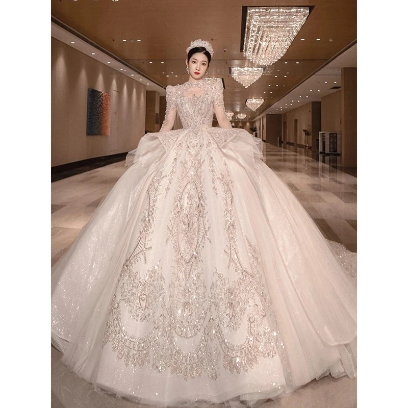 bridal gowns Vintage Luxury Long Train Wedding Dress 2022 New Bridal Dresses Ball Gown Long Sleeve Winter Beading Wedding Gowns sexy wedding dresses