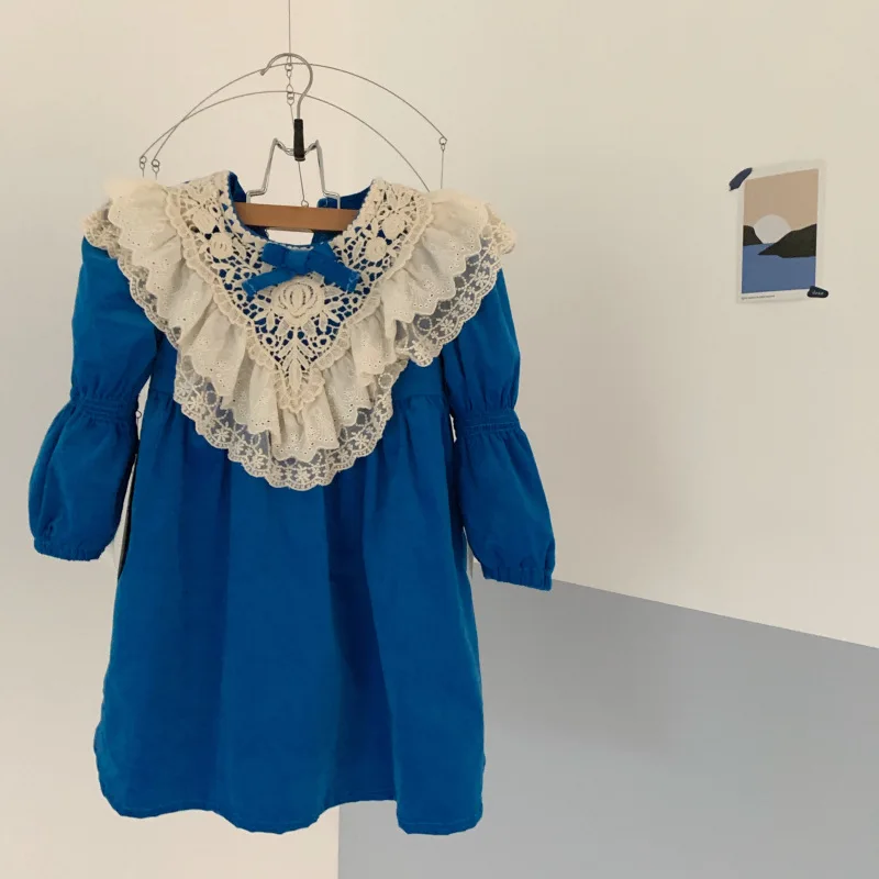 Корейские платья для девочек; кружевная одежда принцессы с оборками для малышей; плотное вельветовое платье; Милая одежда
