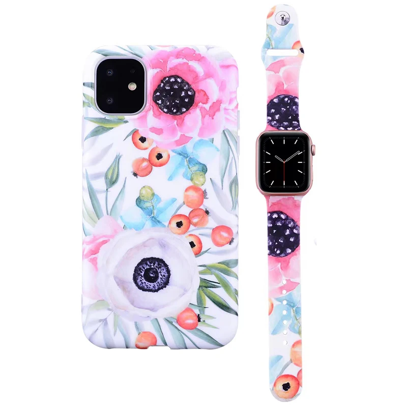 

Fhx-9A For iPhone 13 12 11 Pro X XS MAX XR Flower Pattern phone Case Watch Band Strap 38/40/41/42/44/45mm