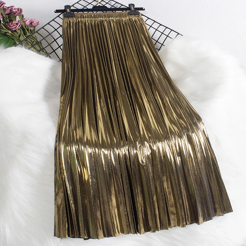 TIGENA y2k Shiny Metallic Luster Long Pleated Skirt Women Street Style Fashion Solid A Line High Waist Midi Female Gold | Женская одежда