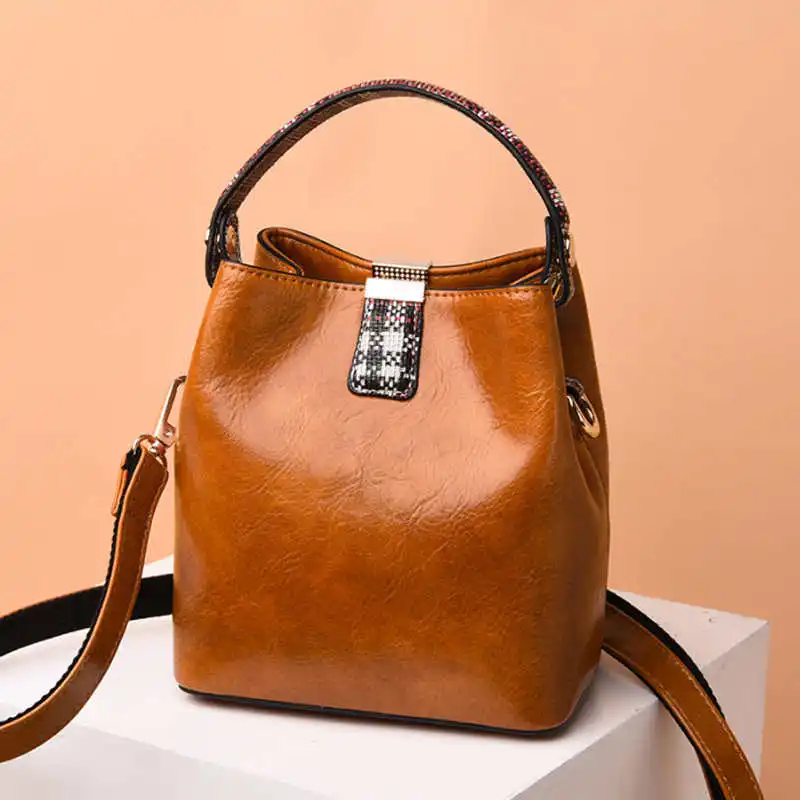 

Women Bucket Bag Retro Leather Handbags For Girls Large Capacity Casual Shoulder Messenger Bags Female Crossbody Design Totes