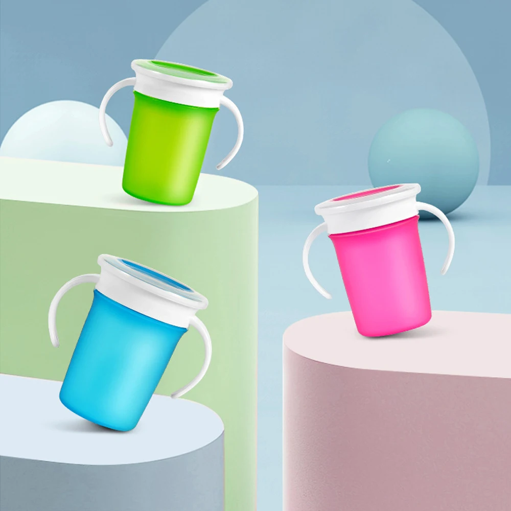 

360 Degrees Rotated Baby Learning Drinking Cup Kids Water Feeding Cups Bottle with Double Handle Flip Lid Leak Proof Magic Cup