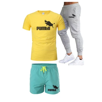 

Sports suit men's sports and leisure three piece set cotton printed T-shirt + sports casual pants + quick drying beach shorts