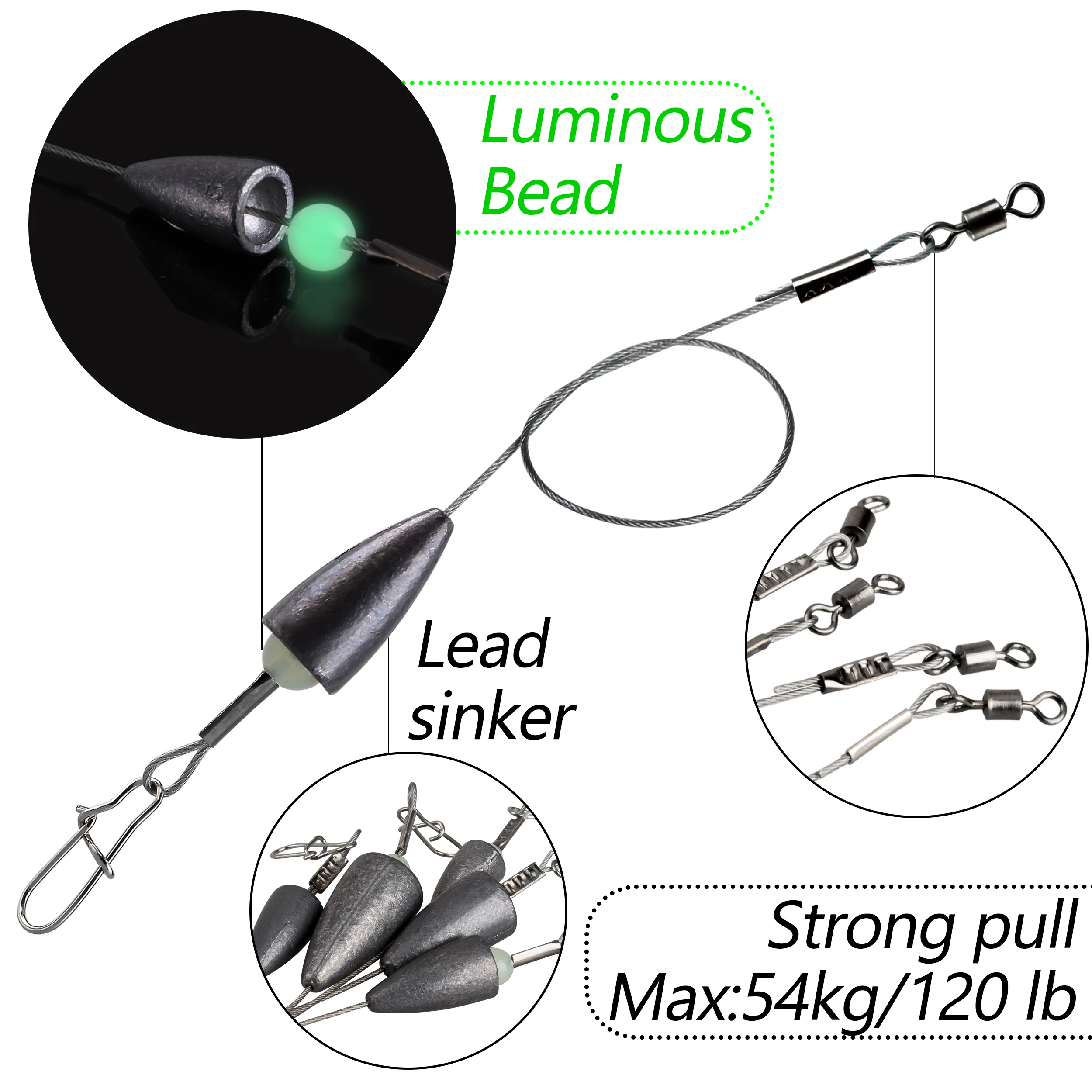 5pcs Carolina Rig Stainless Steel Fishing Wire Leader 5g 7g 10g