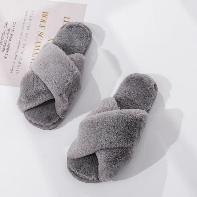 Winter Women House Slippers Faux Fur Fashion Warm Shoes Woman Slip on Flats Female Slides Black Pink cozy home  furry slippers Gray