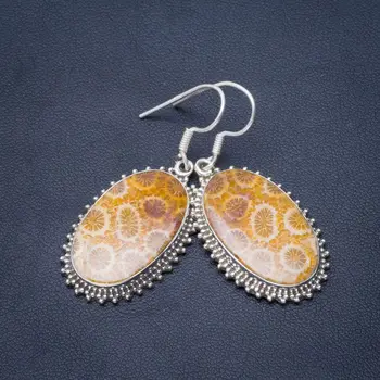 

Natural Fossil Coral Handmade Unique 925 Sterling Silver Earrings 1.75" B2100
