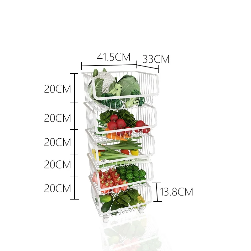 Многослойная Бытовая кухонная корзинка для хранения полка для овощей напольная подставка из нержавеющей стали с колесами стеллаж для хранения Дырокол бесплатно - Цвет: White 5 layers