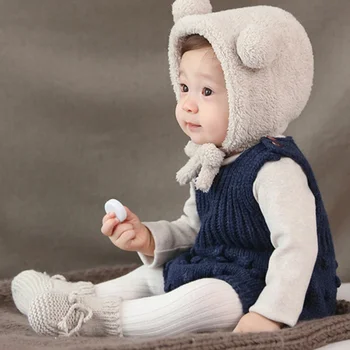 

2Colors Baby Girl Winter Cute Bear Ears Solid Color Thick Warm All-matched Earmuff Hat With Strap