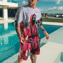 Korean popular film squid printed T-shirt, beach shorts, youth t-shirt, round neck suit, casual sportswear