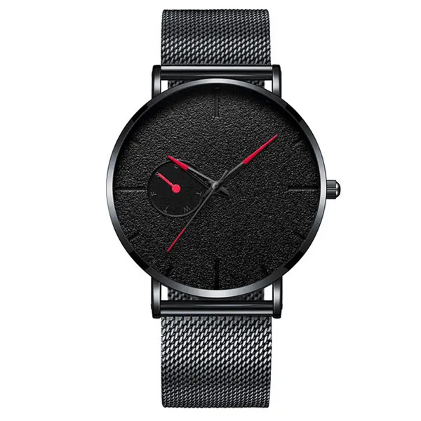 black red Роскошные мужские часы с сетчатым ремешком ультра-тонкие минималистичные мужские часы из нержавеющей стали черные деловые наручные часы Reloj Mujer - Цвет: black red