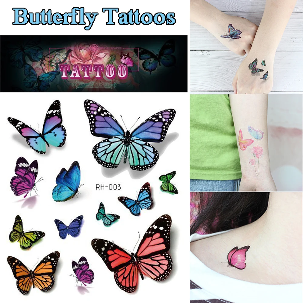 Акварельная бабочка, временная татуировка, наклейка, водостойкая, Длительная передача, поддельные татуировки, наклейка для женщин, девочек, детей, боди-арт