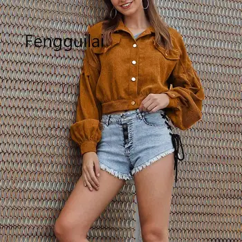 

2020 Brown Retro Windbreaker Jackets Women Button Coats Long Sleeve Basic Jackets Bomber Corduroy Jackets Female Jackets Outwear