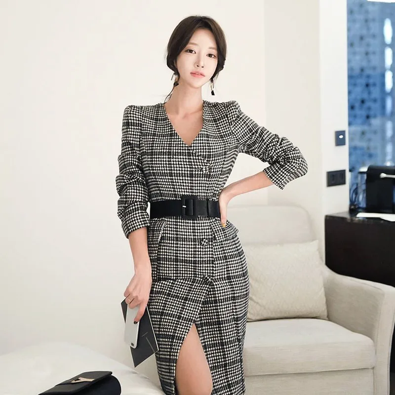 

2019 New Runway Autumn winter Women Party v-neck Dress A-line Ruffles Houndstooth Office work wear Dresses with belt vestidos