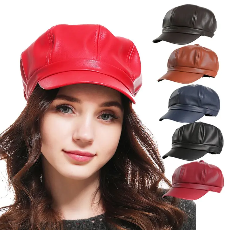 

Hot 2019 Solid Color PU Leather Octagonal Cap Ladies British Retro Casual Cap Fashion Painter Outdoor Cap.w