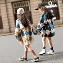 Вязаные пальто для девочек; разноцветные клетчатые кардиганы; осенние вязаные пальто; плотные свитера; повседневные длинные свитера с v-образным вырезом