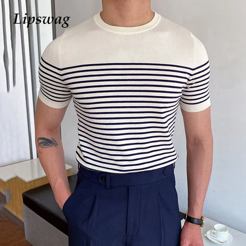 Summer New Fashion Striped Printed Knitted Tee Men Short Sleeve O-Neck Pullover Tops 2021 Slim T-Shirt Casual Streetwear | Мужская