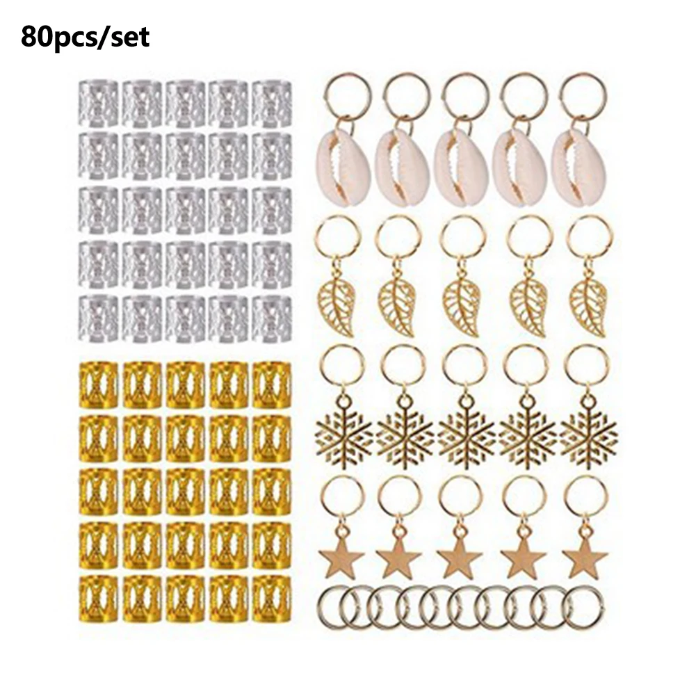 80Pcs Rings Loops Jewelry Pendants Easy Use Dreadlocks DIY Hair Braid Set Metal Cuffs Polished Stars Leaves Tubes Decorative