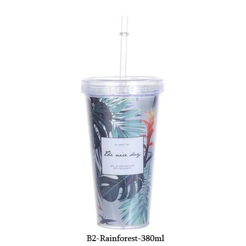 B2.Rainforest Позолоченная ананас кружка BPA бесплатно пластиковая двухслойная бутылка для воды с соломинкой портативная чашка для сока кофе молока посуда для напитков - Цвет: B2.Rainforest