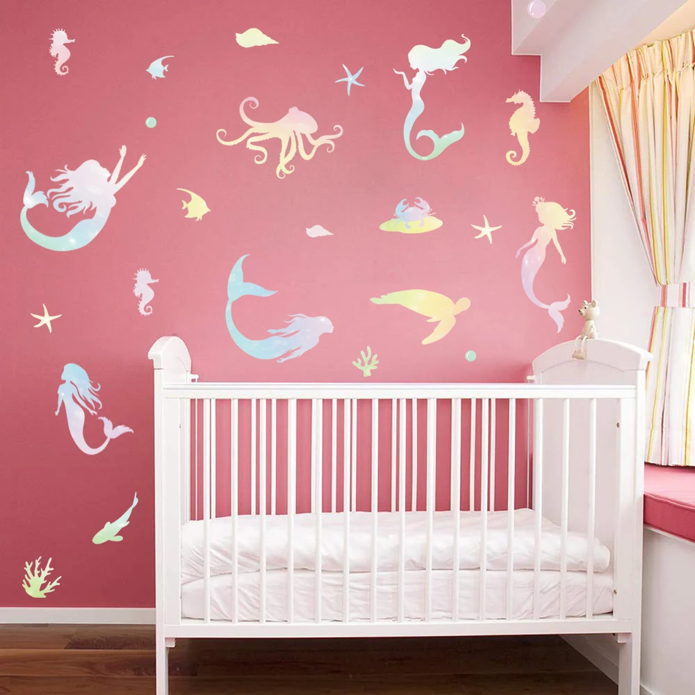 

Color Mermaid Wall Sticker Beautiful charm 3D Effect Fish Ocean Animals Decals For Kids Girls Room Nursery Home Art Decor Gift