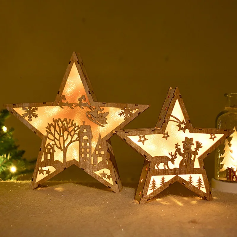 Деревянный полый Рождественский светящийся пятиконечный светильник в форме звезды в скандинавском стиле, настольная лампа с орнаментом