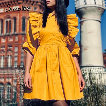 

Simplee High fashion ruffle women shirt dress Vintage female yellow short buttons sundress Summer casual lady A line mini dress