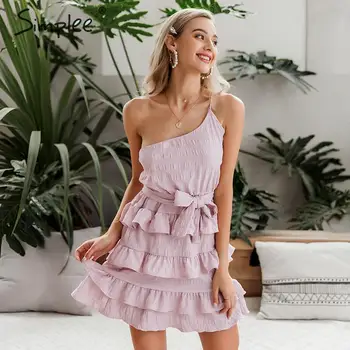 

Simplee Sexy one shoulder spaghetti strap women summer dress A-line female ruffle cotton short sundress Beach holiday mini dress