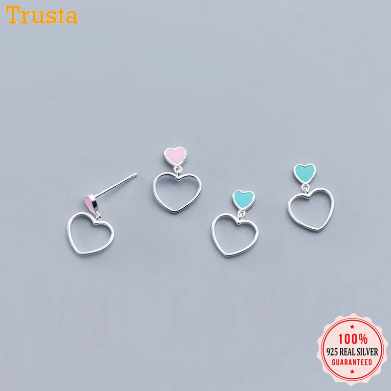 Trustdavis 100% 925 одноцветное Настоящее Стерлинг сладкий розовый синяя глазурь сердце серьги-клипсы Подарочные для женщин, девушек, детей леди