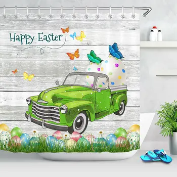 

Easter Green Truck Eggs Fabric Shower Curtain Set Bathroom Decor