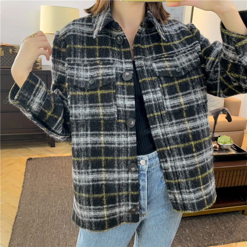 

Loose Plaid Coat Women Turn Down Collar Single Breasted Lady Casual Jacket