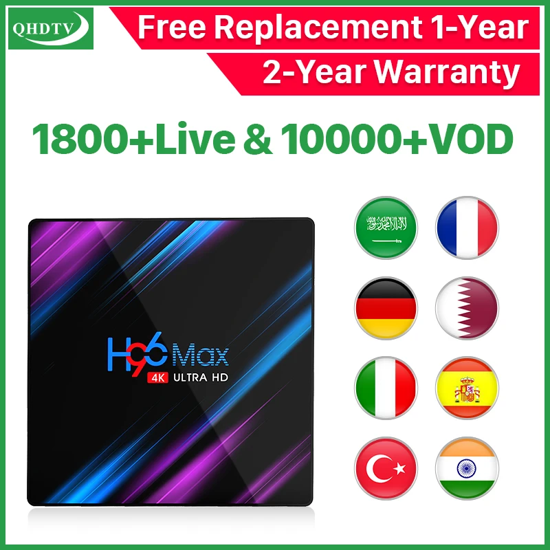 

Android tv box H96 MAX IPTV Arabic French Italy RK3318 QHDTV 1 Year Code Spain India Turkey Stable Global IPTV Subscription box