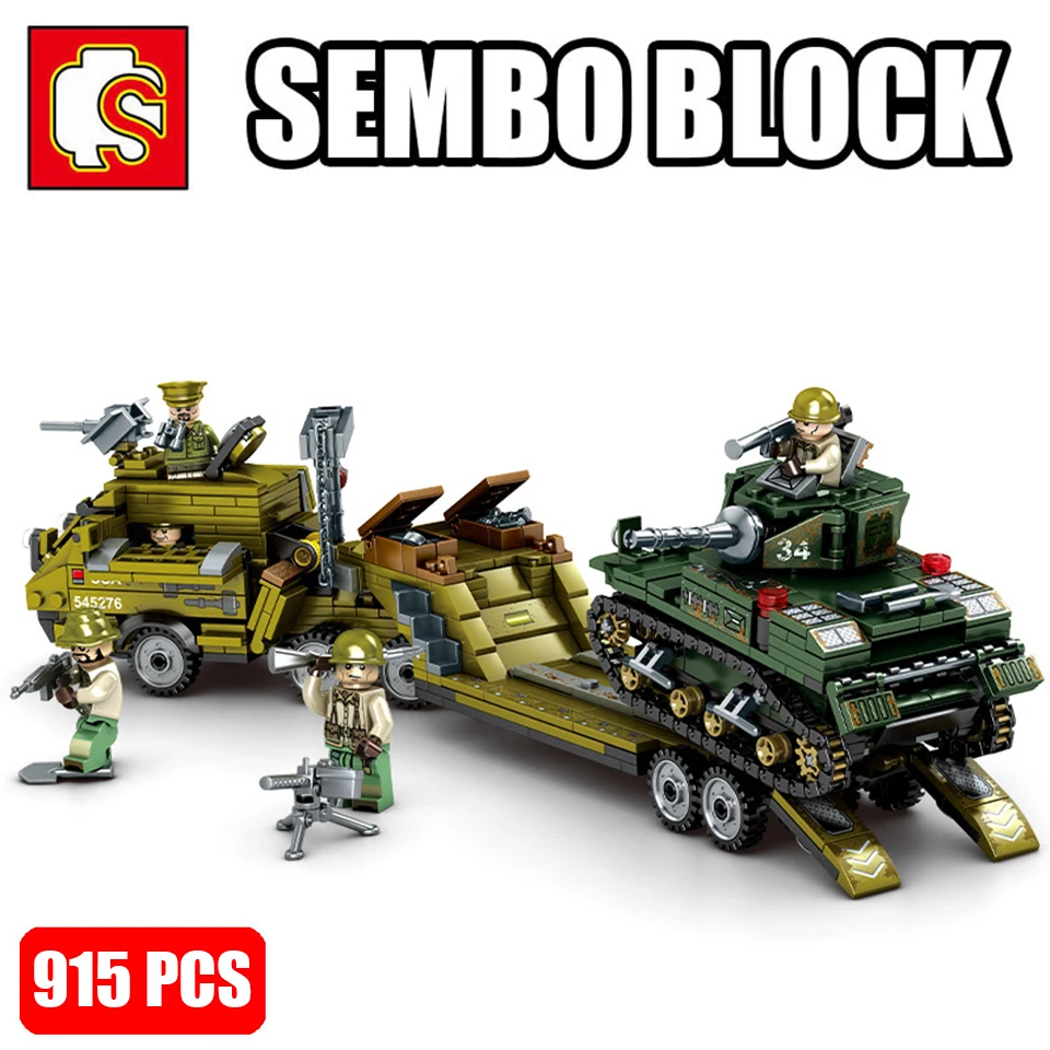 

SEMBO Military WW2 Soldiers US Army Heavy Trailer Building Blocks Tank Truck vehicle figures Set Model Brick SWAT Toys for Boys