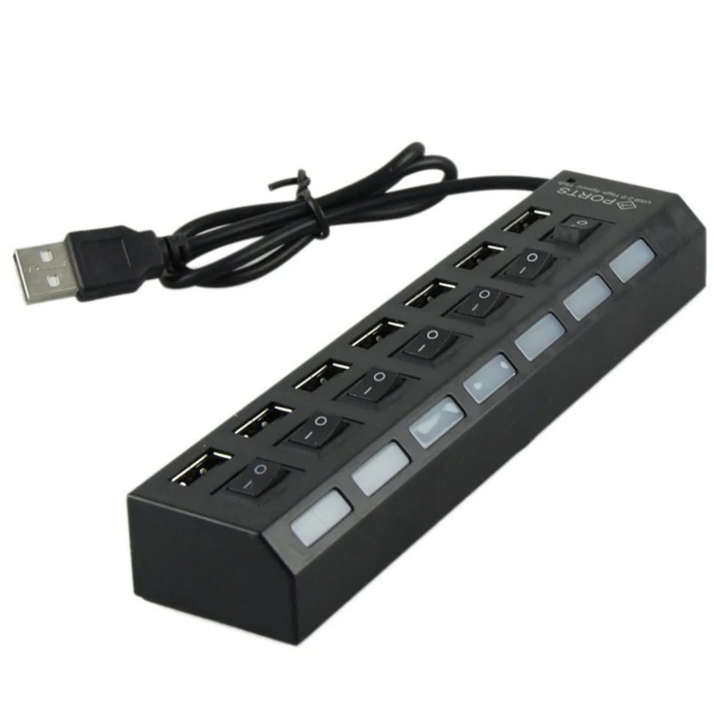7-портовый концентратор с питанием от USB 2,0, высокоскоростной разветвитель 480 Мбит/с для Windows XP/Vista/7 с индивидуальным переключателем и светодиодный индикатор - Цвет: black