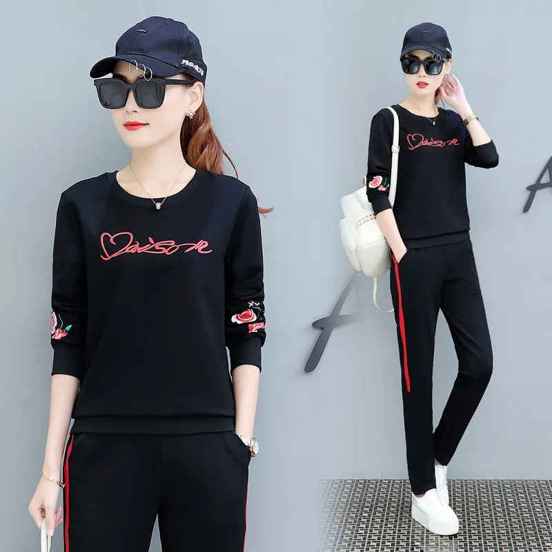 

Figure Rong Long Sleeve Casual WOMEN'S Suit Spring And Autumn Fashion Crew Neck Printed Sports Clothing Hoodie Two-Piece Set