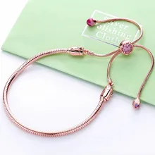 Новинка, 925 пробы, серебряный браслет, роза, персиковый цвет, скользящая застежка, регулируемый браслет, браслет, подходит для женщин, бусина, шарм, Европейская бижутерия