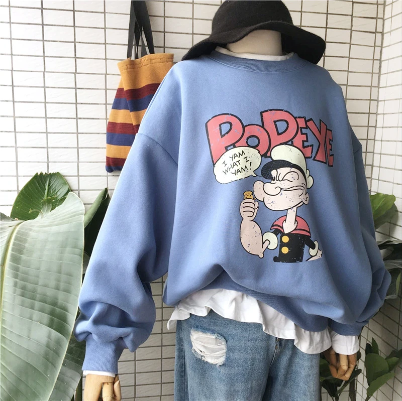 Boyfriend Стиль Негабаритных хлопок Толстовка для женщин с длинным рукавом Свободный пуловер толстовка с рисунком Kawaii повседневные толстовки для студентов
