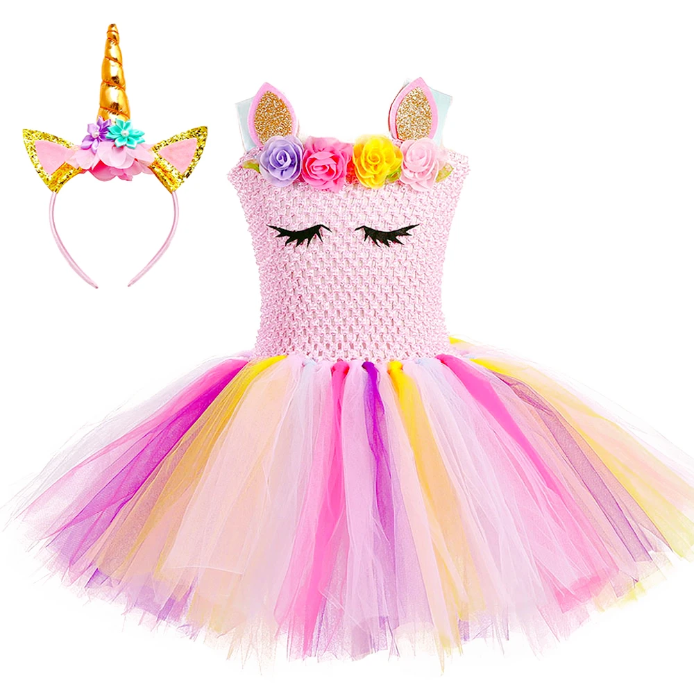 Милое Пастельное платье-пачка принцессы с единорогом для девочек на день рождения с повязкой на голову с розовыми цветами; праздничный костюм с пони для девочек; комплект для праздников