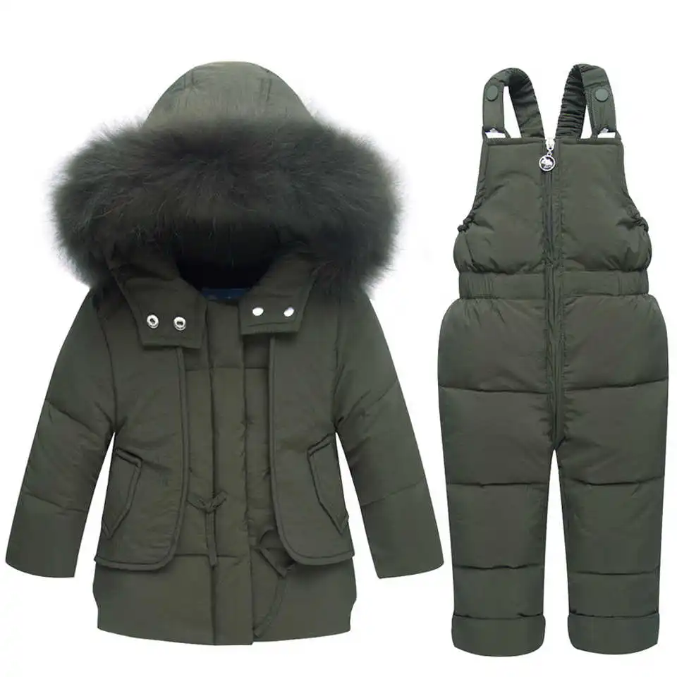 Комплекты зимней одежды для детей зимний костюм, куртка+ комбинезон, комплект из 2 предметов, пуховое пальто для маленьких мальчиков и девочек зимняя одежда для маленьких девочек - Цвет: Армейский зеленый