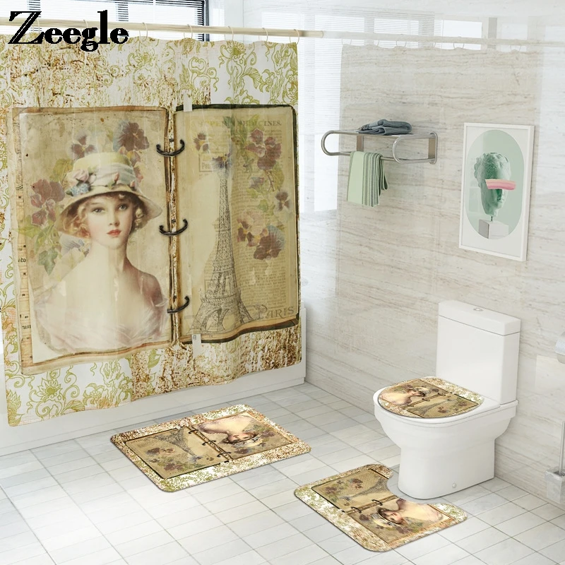 Zeegle Bathroom Carpet Set European-Style Shower Curtain  Printing Bathroom Mat Waterproof Toilet Mat Set Non Slip Bath Mat