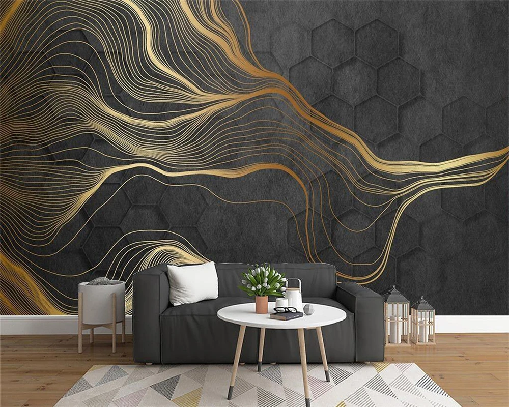 

Custom 3d mural modern minimalist light luxury hand-painted artistic conception wallpaper golden lines background wall фотообои