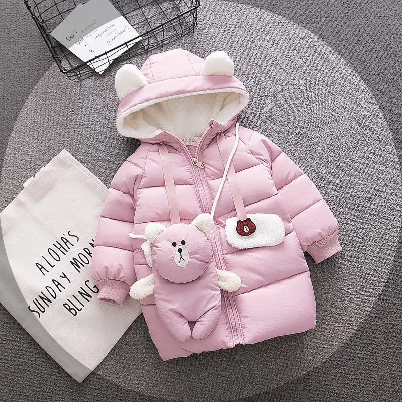 

2019 Korean-style Childrenswear Girls Bear Cotton-padded Clothes Children Winter Baby Girls Mid-length Thick Coat