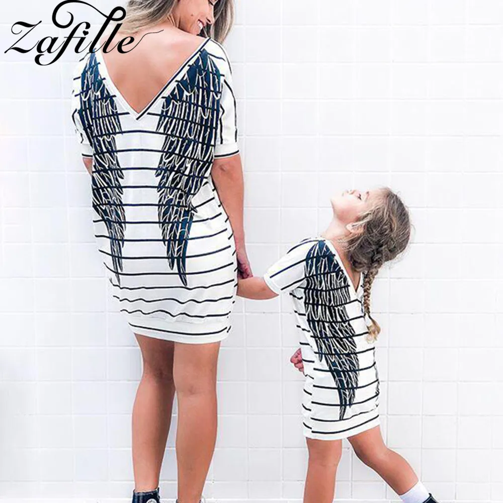 

ZAFILLE Mommy and Me Clothes Fashion Short Sleeve Striped Wing Printed Mini Dress Family Matching Clothes Mom and Daughter Dress