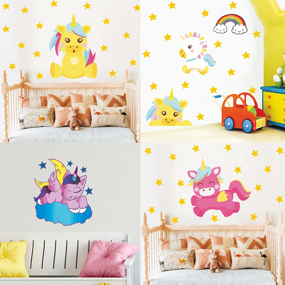 

Nursery Lovely Unicorn with Stars Stickers DIY Stars Wall Decals For Children Kids Baby Room Bedroom Home Decorative Mural Gift