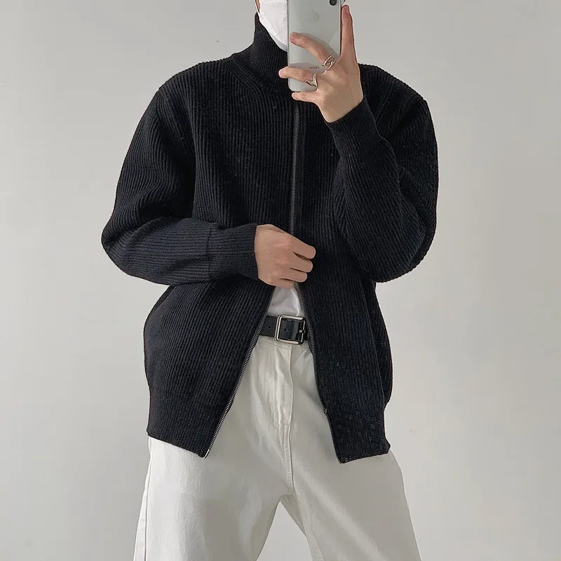 

Korean simple high-grade sense of pure color thickened zipper cardigan men's retro Harajuku sweater half turtleneck sweater