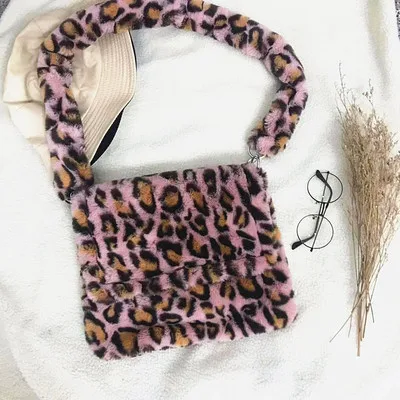 Меховая сумка леопардовая сумка с принтом животных Женская зимняя теплая сумка через плечо известный бренд большой емкости shoudler клатч Новинка - Цвет: Pink Leopard