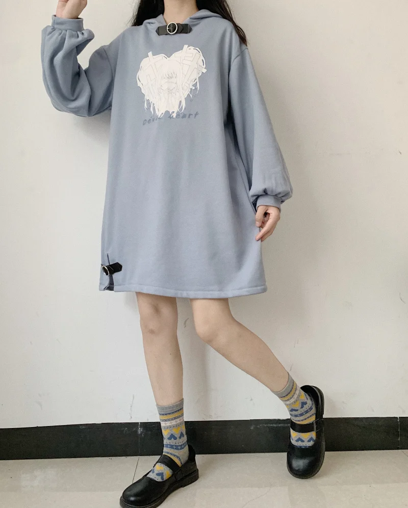 Зимние готические милые женские синие толстовки Harajuku Kawaii аниме дьявол Длинная толстовка японский панк Милая Женская Хэллоуин-толстовка