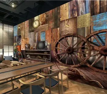 

CJSIR Customized Large Mural Fashion Home Improvement Retro Wood Board Wheel Bar KTV Background Wallpaper Papel De Parede