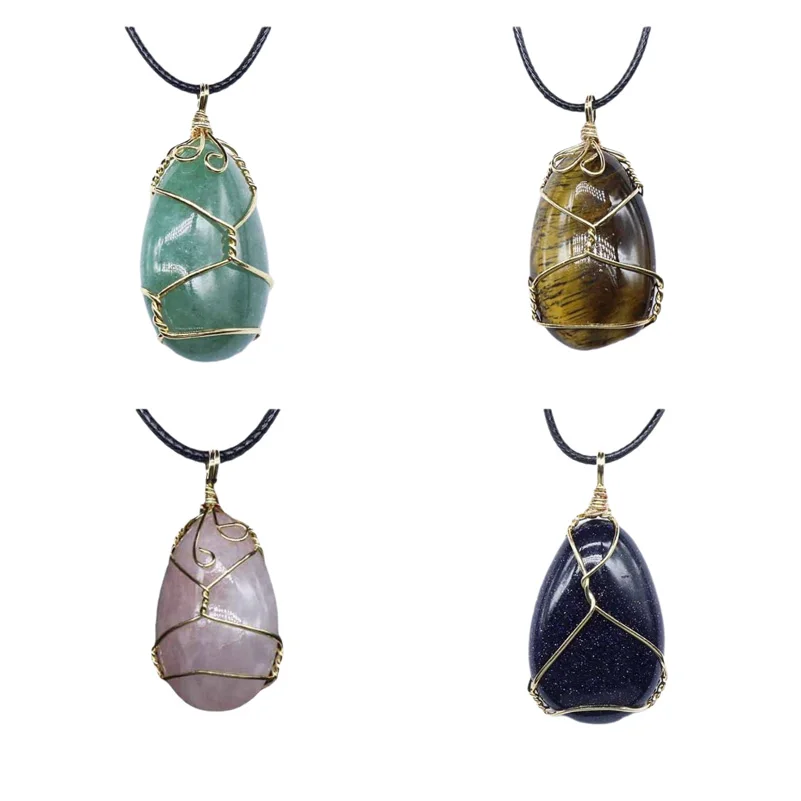 

Healing Crystal Rock Stone Waterdrop Handmade Necklace Birthstone Gold Plated Full Wire Wrap Pendant with PU Cord Chain Jewelry