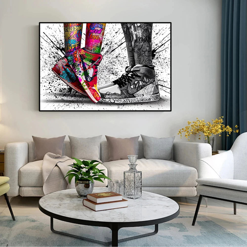 Modern couple sneakers canvas paintings, street art graffiti wall paintings and posters, family living room decoration paintings
